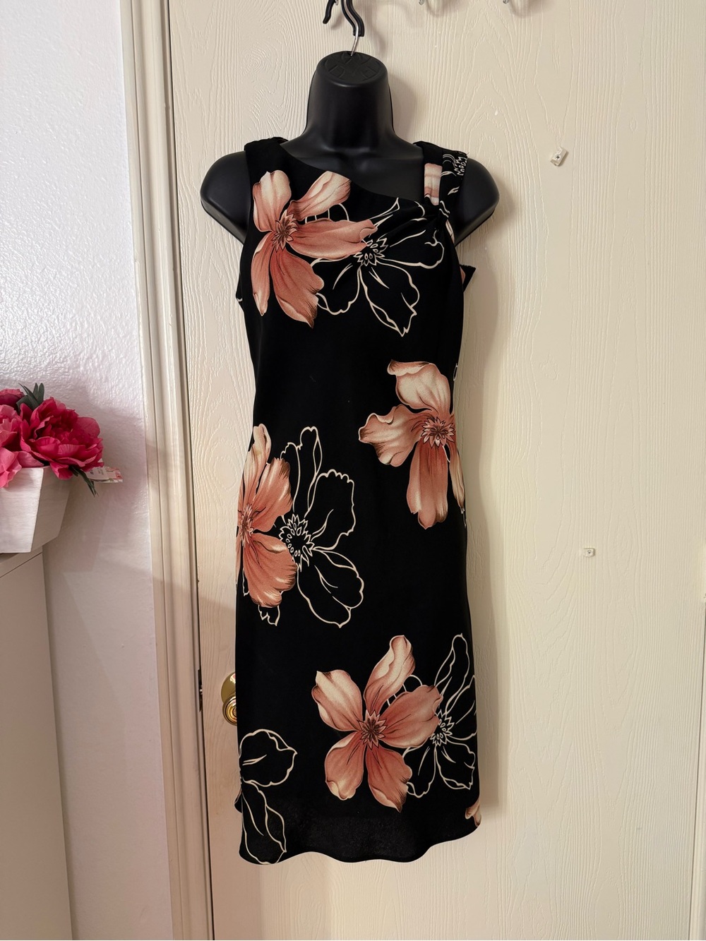 SL Fashions Black Midi Dress with Peach Floral Print